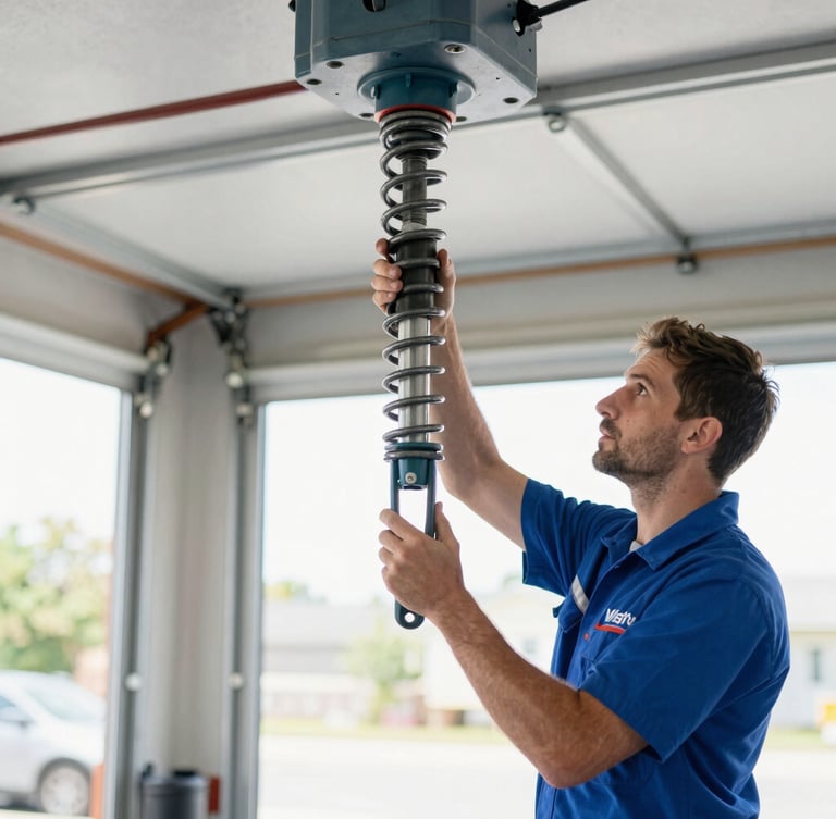Professional garage door technician in WestEnd uniform inspecting a torsion spring assembly, bright garage interior lighting, focus on hands and tools, sharp documentary photography.