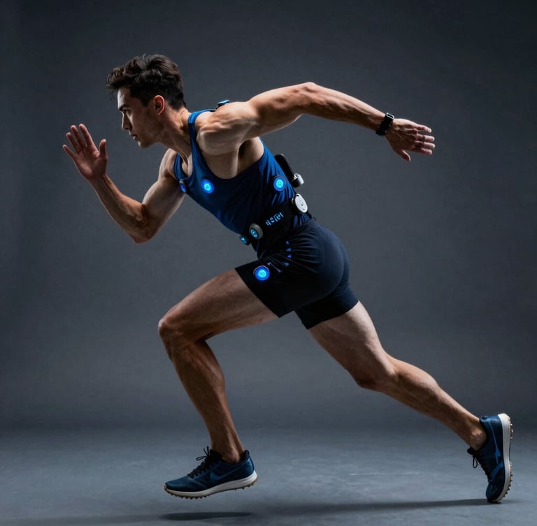 Dynamic macro shot of a professional athlete sprinting with biometric telemetry sensors attached, dramatic athletic lighting with cool blue highlights, high contrast, 35mm lens.