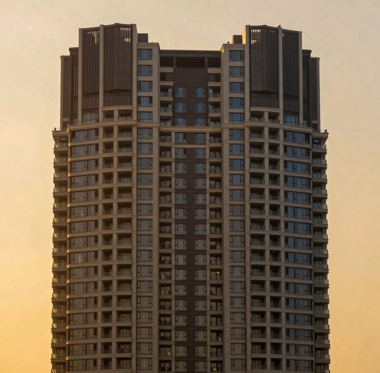 Symmetrical architectural photograph of a soaring modern luxury residential tower in Bangalore against a golden hour sky, sharp focus, editorial style