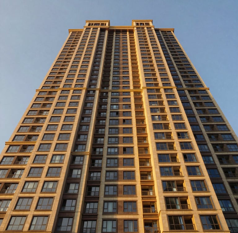 Symmetrical architectural wide-angle photo of a modern luxury residential skyscraper in Bangalore under warm golden hour light