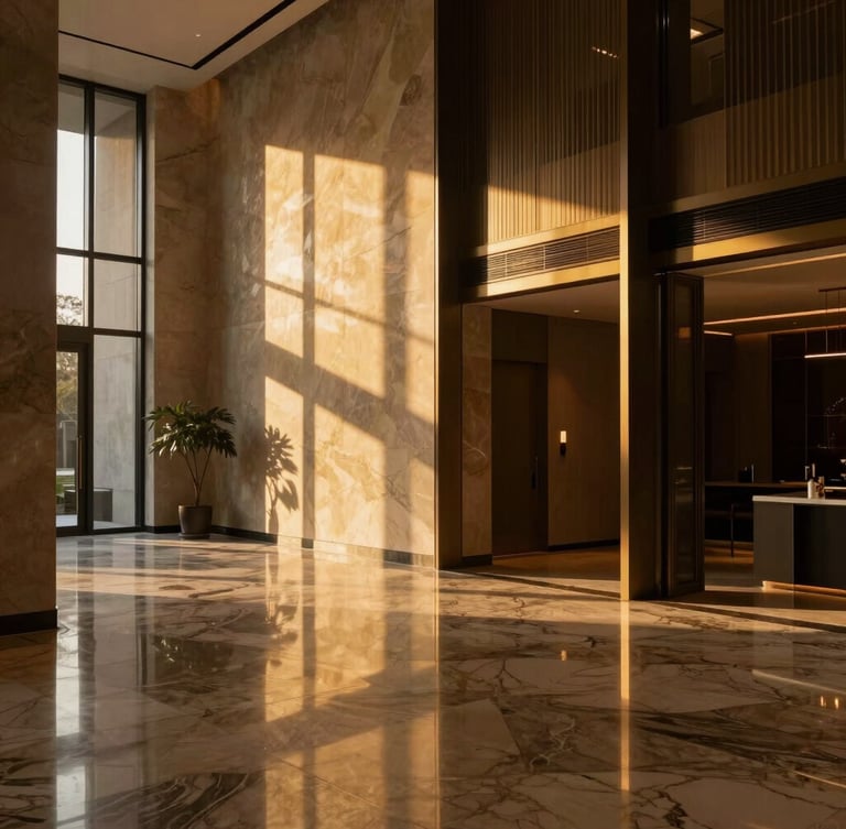 Intimate architectural photography of high-end apartment lobby, golden hour light reflecting on polished marble flooring, minimalist luxury aesthetic.