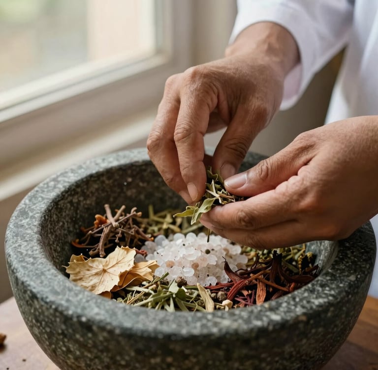 A close-up of a physician's hands preparing raw Ayurvedic herbs and rock salts in a stone mortar, warm morning light filtering through a window, 35mm.