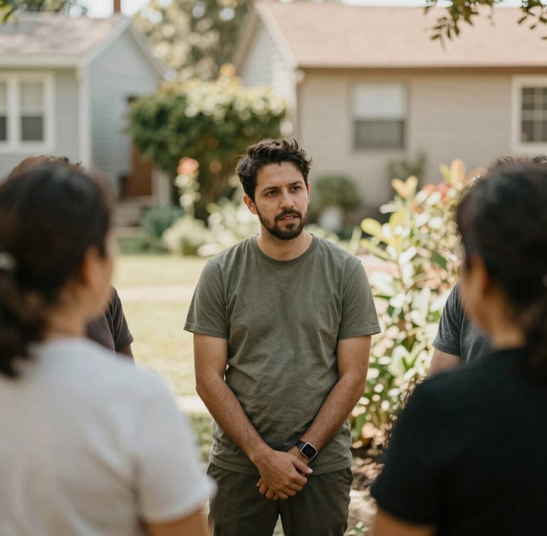 A candid medium shot of community organizers talking in a sunlit neighborhood garden, soft warm light, shallow depth of field