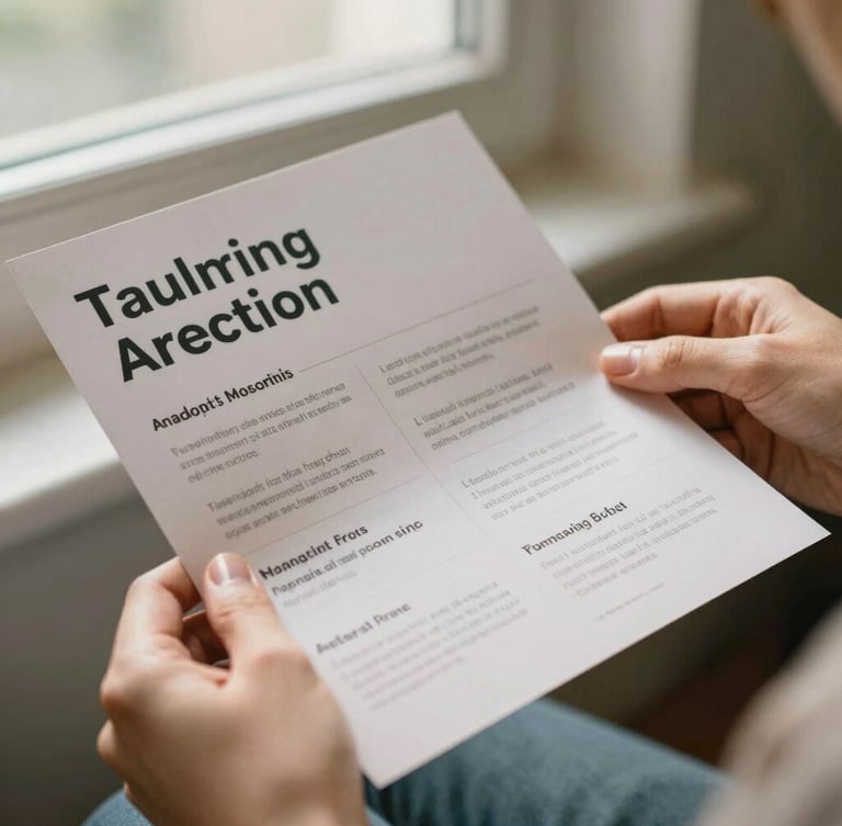 A close-up of hands holding a printed advocacy pamphlet with clean typography, soft morning light filtering through a window
