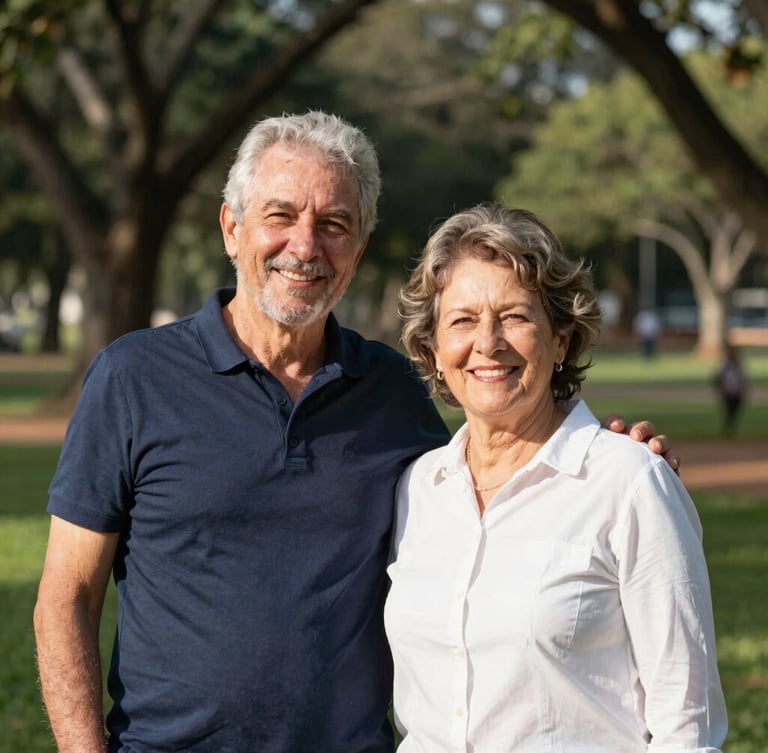 Warm portrait of an active senior couple smiling in a sunlit park in Cuiabá, natural morning light, professional editorial photography