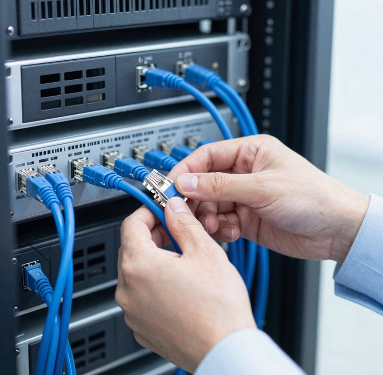 Close-up of a professional IT technician neatly organizing blue ethernet cables in a server rack, bright cool-toned lighting, sharp focus, 35mm