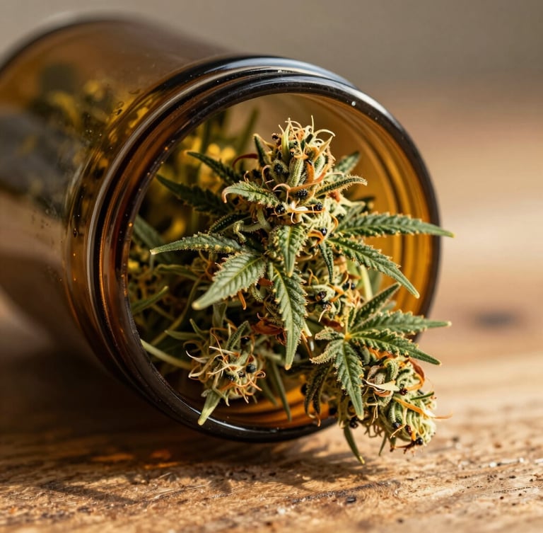 Macro close-up of premium green cannabis flower inside an amber glass jar, resting on a rustic oak counter under warm, golden hour sunlight.