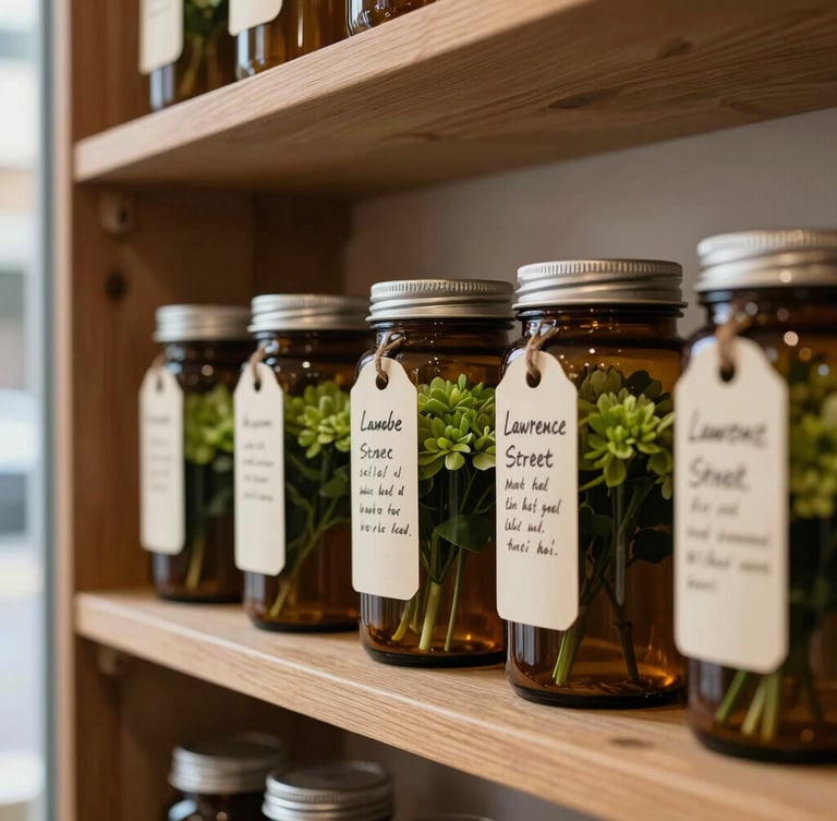 Close-up documentary shot of textured wooden shelves inside the Lawrence Street shop, amber glass jars filled with green flower, hand-written price tags on thick cream paper, soft daylight streaming from a side window.