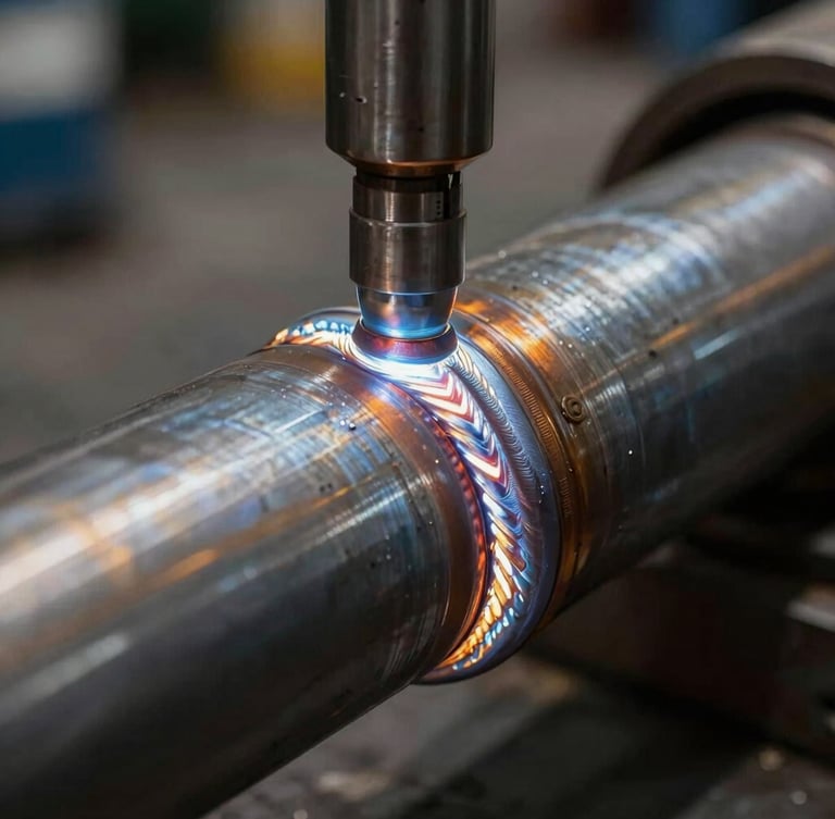 Extreme close-up of a high-spec industrial steel pipe weld, dramatic high-contrast natural light, sharp technical detail