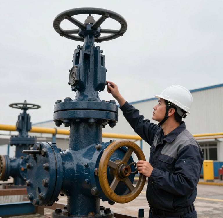 A technical engineer in a hardhat inspecting a massive industrial valve assembly in an overcast industrial yard, sharp focus, 35mm
