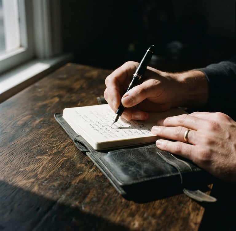 Close-up of hands writing in a structured leather journal on a dark oak desk, sharp high-contrast window light, deep shadows, rich cream and charcoal tones, 35mm lens.