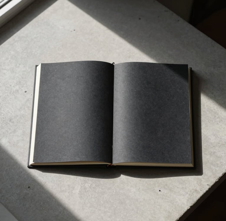 A clean flat-lay of a charcoal-colored open journal on a concrete desk, high-contrast natural light casting long sharp shadows, minimalist editorial photography, 35mm lens.
