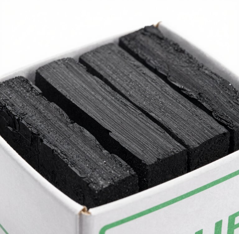 Macro close-up of charcoal briquettes stacked perfectly inside a heavy-duty branded cardboard box, crisp studio lighting, green accent line visible on packaging