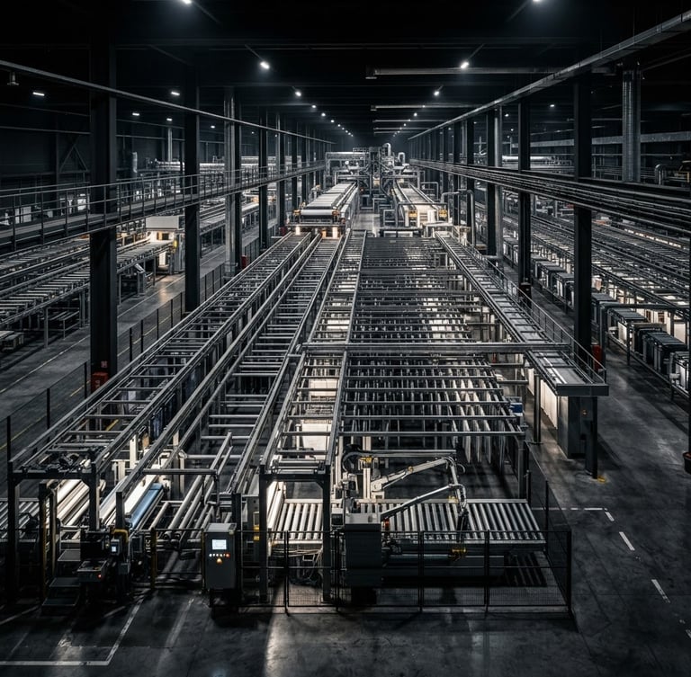 Wide architectural shot of automated factory drying lines under crisp high-contrast industrial lighting, deep charcoal tones, emphasizing massive scale and precision.