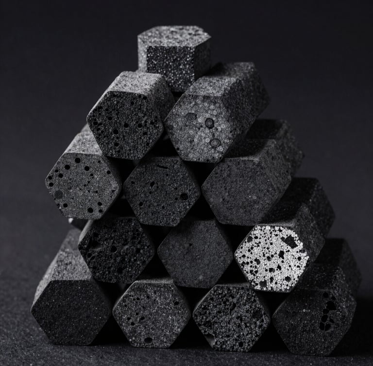 Macro shot of precise hexagonal charcoal briquettes stacked perfectly, stark studio lighting highlighting the lack of dust and sharp edges against a deep black background.