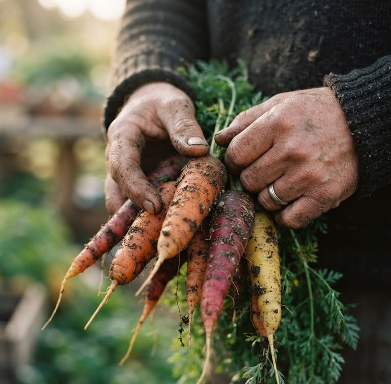 A close-up of a farmer's weathered hands holding heirloom carrots dusted with fresh soil, soft Scandinavian morning light from the side, shallow depth of field, 35mm