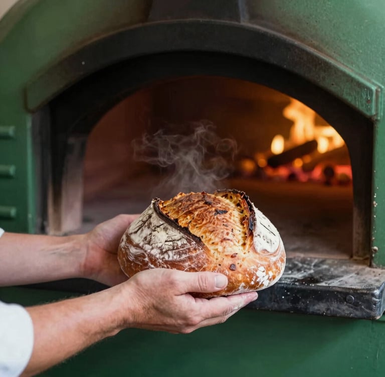 A close-up portrait of a baker's flour-dusted hands pulling a fresh, steaming sourdough loaf from a dark wood-fired oven, warm golden embers glowing in the background, soft natural side-light