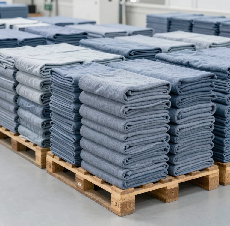 Wide-angle clean industrial factory floor showing neatly stacked bolts of finished textiles on shipping pallets under bright neutral lighting.