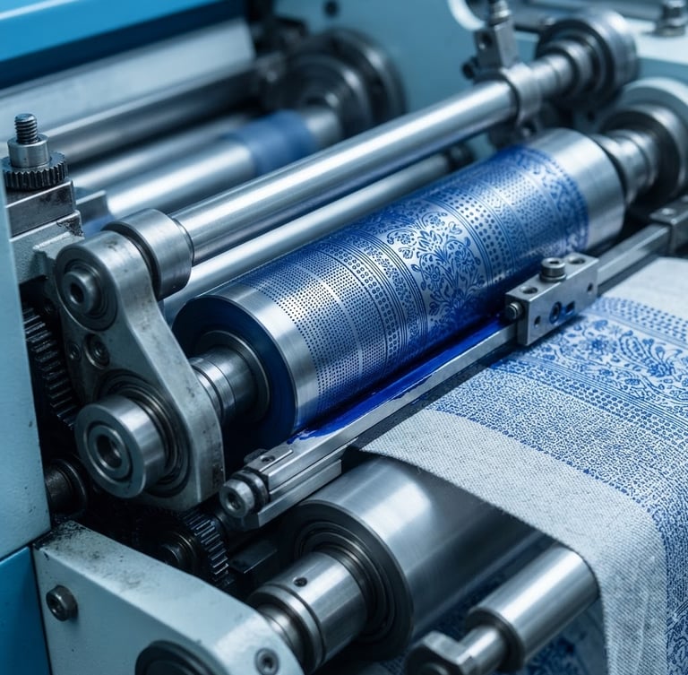 Extreme close-up macro photography of clean high-speed rotary textile printing rollers, sharp metallic detail, cool blue and gray industrial lighting