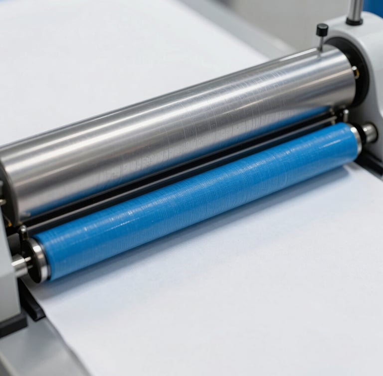 High-magnification macro shot of automated printing rollers with cool blue ink on white fabric, industrial precision lighting