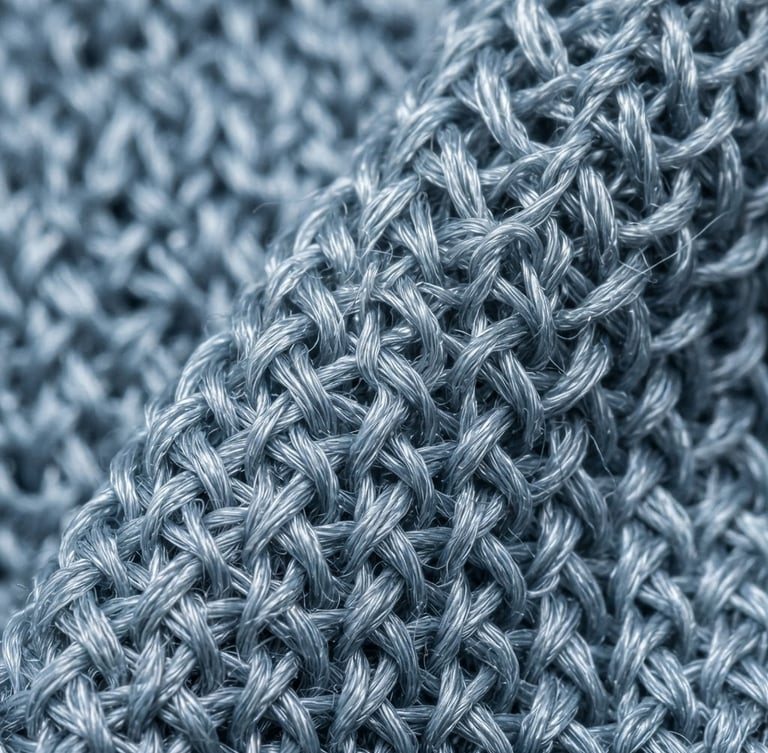 Extreme close-up macro shot of woven acetate tricot fabric under bright cool white studio lighting, sharp fiber details visible, clean tech-industrial feel.