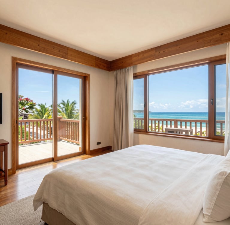 Bright spacious hotel suite interior with warm teak wood details, soft cream linens, natural daylight streaming through wide windows