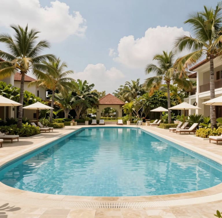 Inviting swimming pool of the resort surrounded by tropical greenery, bright natural daylight, soft blue water reflecting the sky