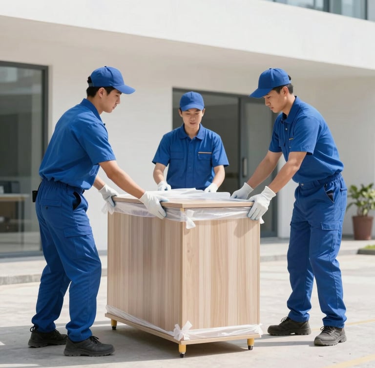 Professional movers in clean uniforms carefully wrapping a wooden cabinet with protective materials, bright natural daylight, sharp focus, 35mm lens