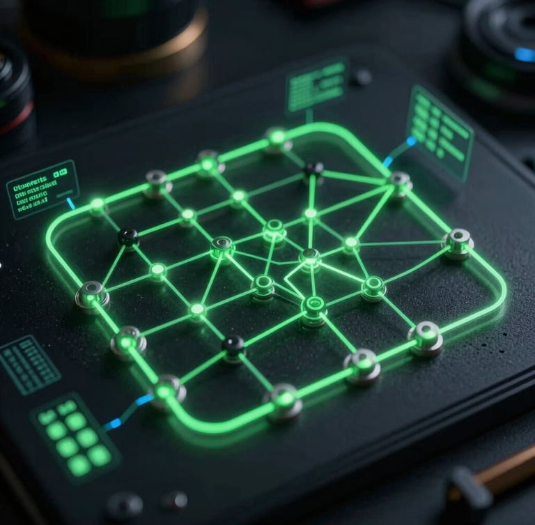 A precise node-based system architecture diagram on a dark background, glowing green connection lines, technical telemetry data overlays.