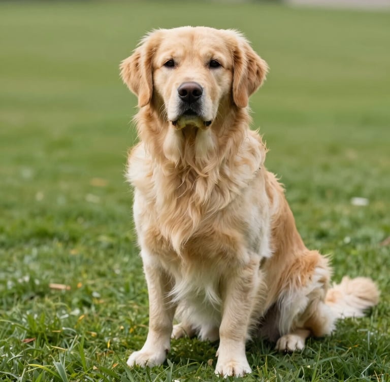 Clinical macro shot of a golden retriever sitting calmly on a perfectly manicured green lawn in Stiep, bright morning daylight, crisp focus on the pet's healthy coat, clean and safe environment