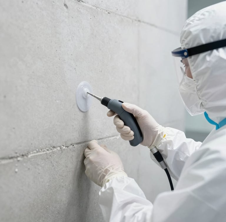 Professional technician in clean white branded PPE applying precise microencapsulated barrier treatment with specialized nozzle along a pristine concrete wall base, bright daylight, clinical clarity