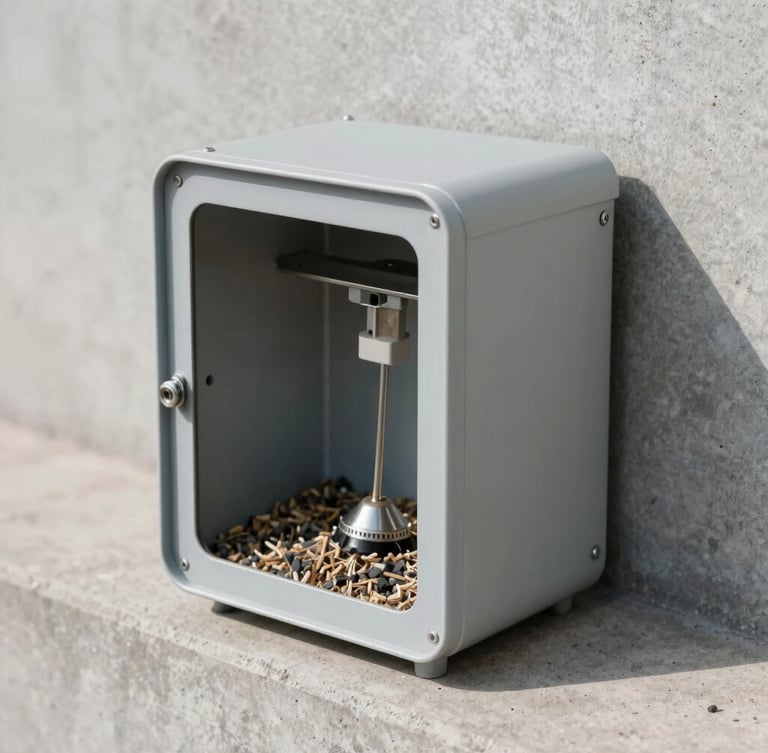 Clinical macro photograph of a secure, professional tamper-resistant rodent bait station positioned against a clean concrete perimeter wall, bright daylight