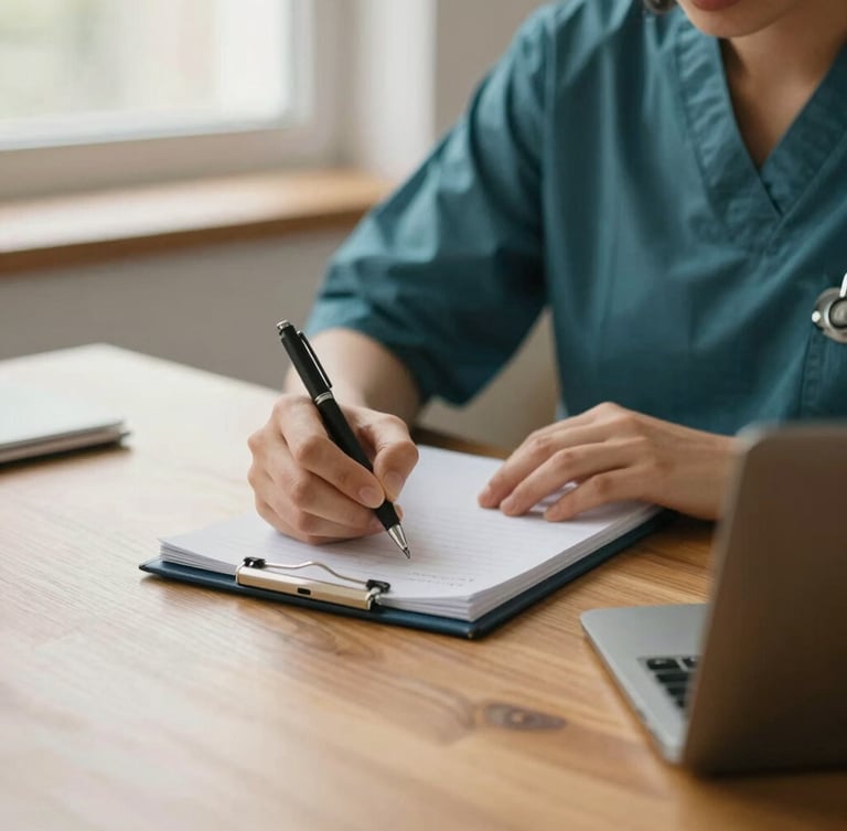 Close-up of clinical psychologist taking notes on a wooden desk, warm natural daylight, soft focus, professional and calm environment, 35mm