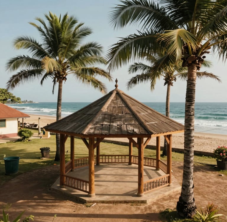 A high-angle environmental shot of the Bureh Town community pavilion under palm trees, sun-baked wooden pillars, ocean in the background, warm daylight.