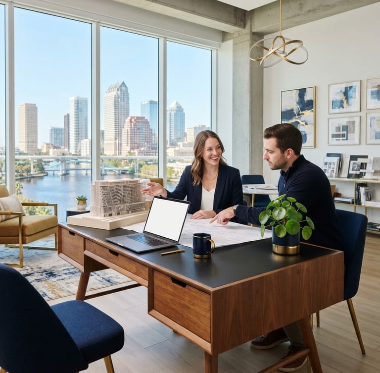 Brightly lit, clean professional workspace in Tampa with architectural lines, soft shadows, natural daylight, sharp focus, 35mm lens.