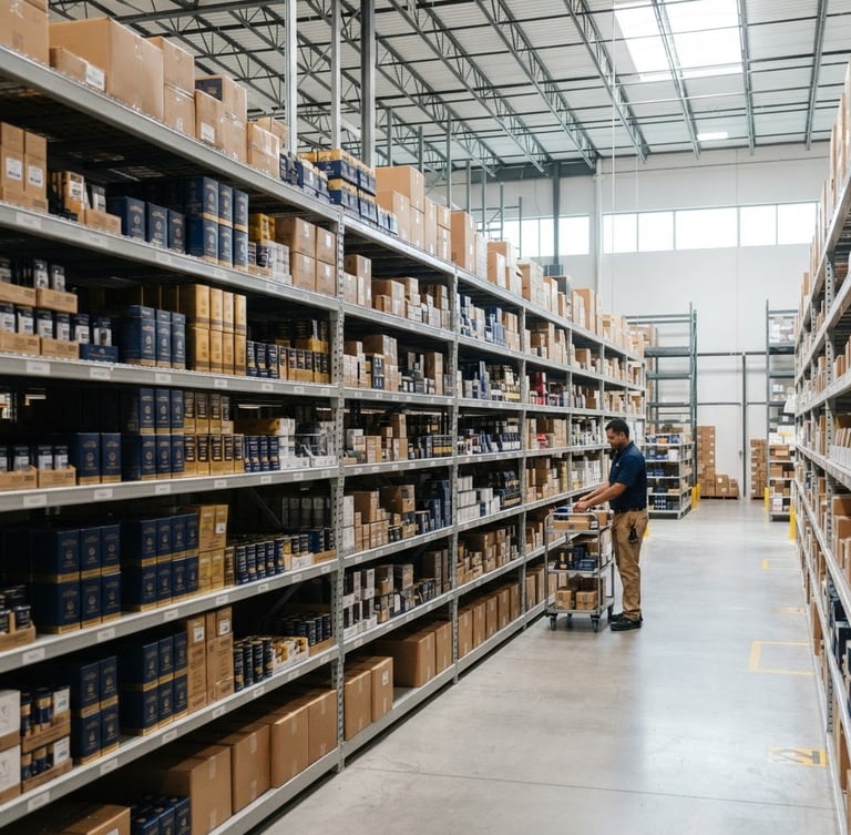 Bright natural daylight illuminating a clean, modern warehouse interior in Tampa, highly organized shelves with packaged goods, sharp focus, 35mm lens