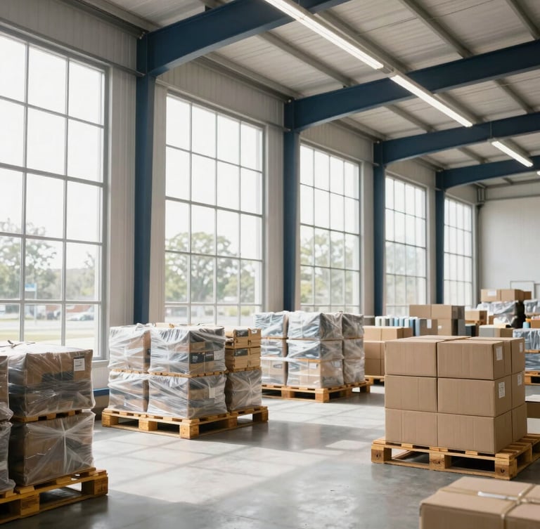 Bright, modern clean warehouse facility in Tampa, natural light streaming through high windows, organized pallets, professional atmosphere, sharp focus.