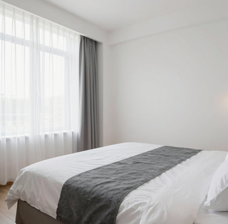 Wide spacious architectural crop of an empty, perfectly styled boutique hotel bed with crisp white sheets and slate grey runners, soft daylight.