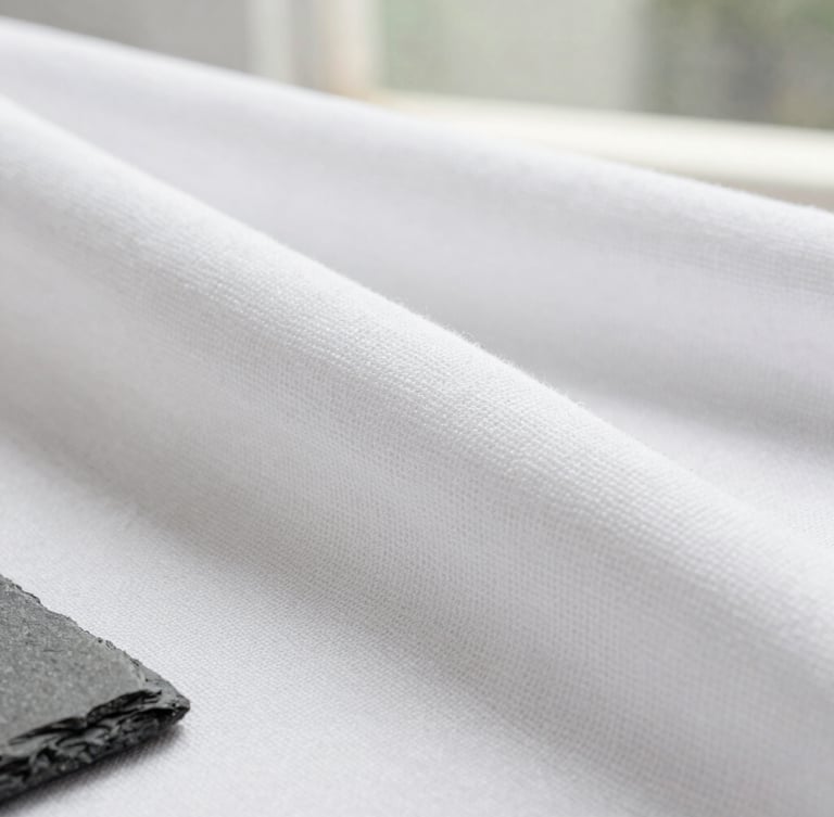 Macro editorial photograph of crisp white cotton fabric weave texture under bright natural daylight, showing high density structure
