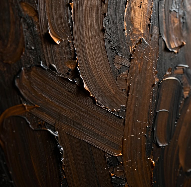 Dramatic close-up of thick, textured palette knife strokes on canvas, low-key side-lighting, warm bronze and raw charcoal pigments, high-end luxury art.