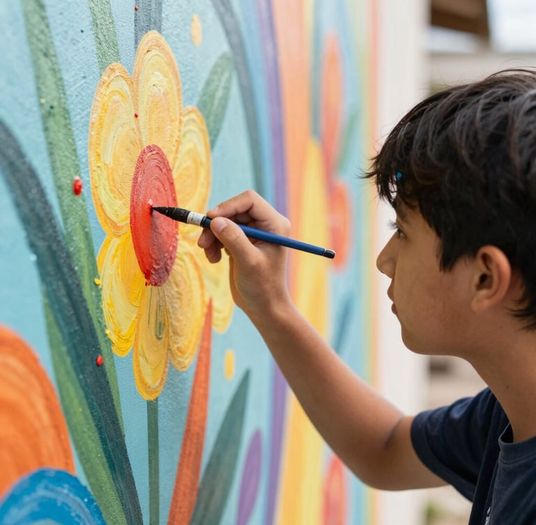 Dynamic close-up of a student painting a vibrant mural, focused expression, colorful paint splatters on canvas, warm natural daylight, shallow depth of field