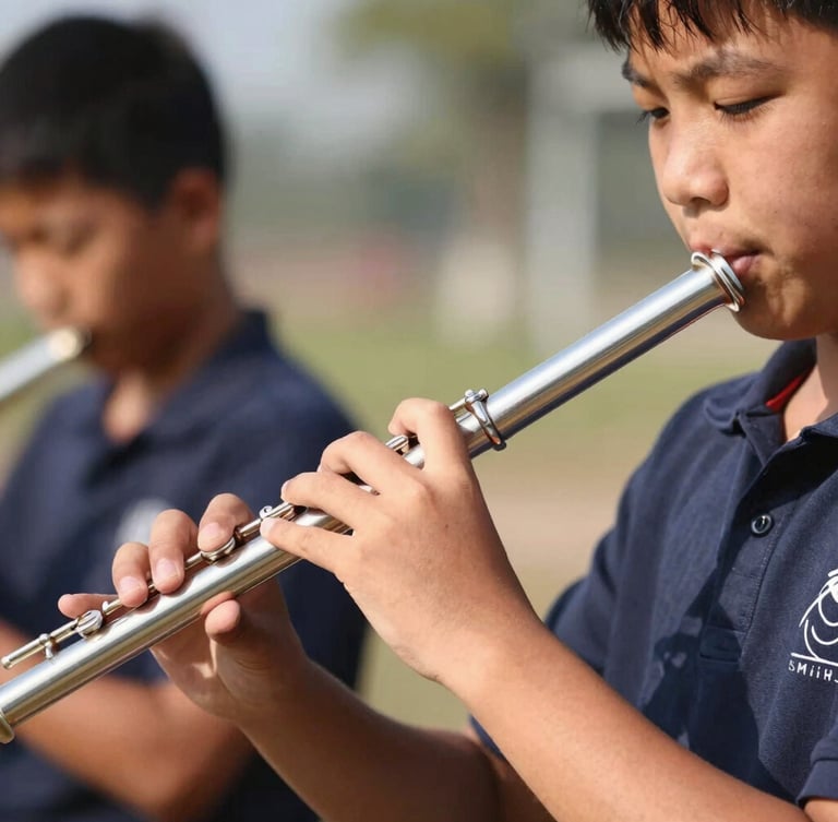 A student playing the flute in bright natural daylight, focus on fingers on keys, warm expressive colors, shallow depth of field, 50mm lens.