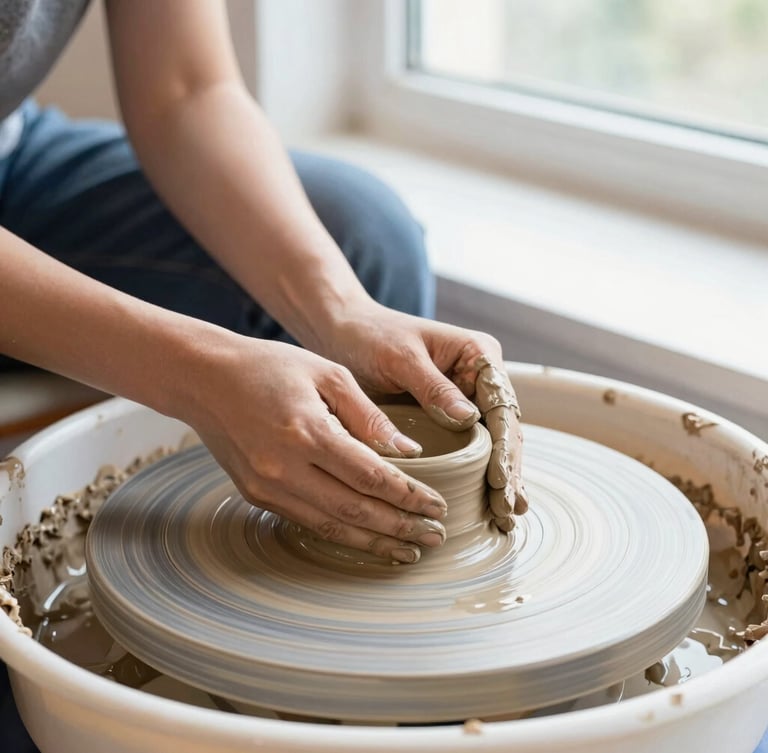 Close-up of a student's hands shaping wet clay on a pottery wheel in a bright studio, natural daylight from a side window, detailed clay texture