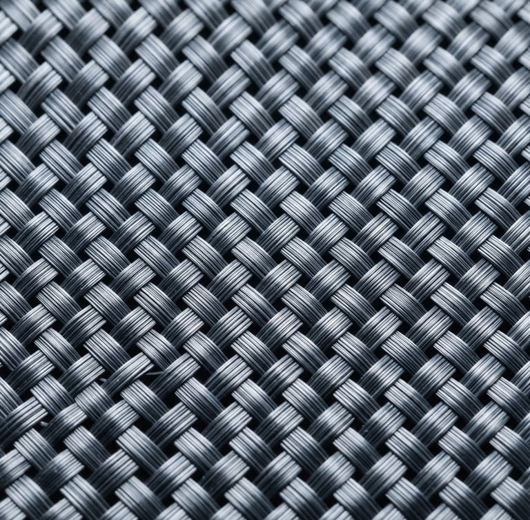 Macro close-up of high-tensile synthetic weave under bright cool-toned industrial lighting, showing precise grid structure, 50mm, slate gray tones.