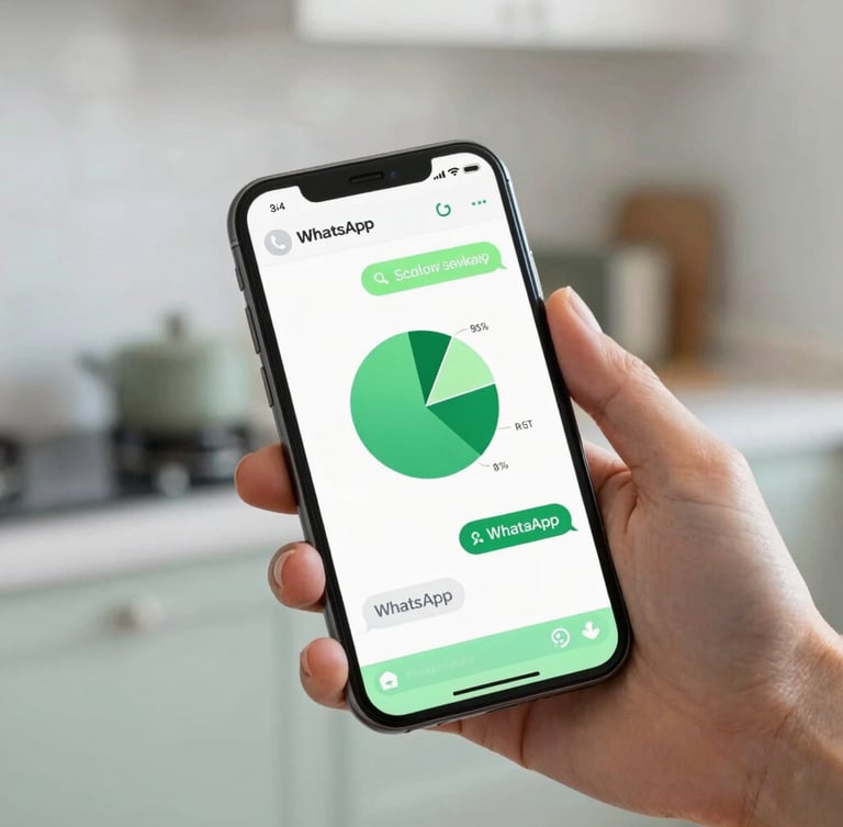 Close-up of a hand holding a modern smartphone in a bright kitchen, displaying a clean WhatsApp chat interface with a financial pie chart and natural green accents, 35mm photography