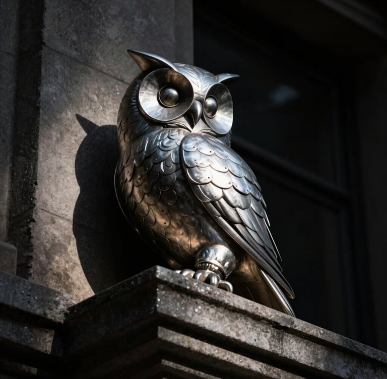 Low-angle dramatic close-up of a stylized silver metal owl of wisdom perched on a stone ledge, deep shadows, sharp metallic highlights, high-contrast chiaroscuro lighting, 35mm lens