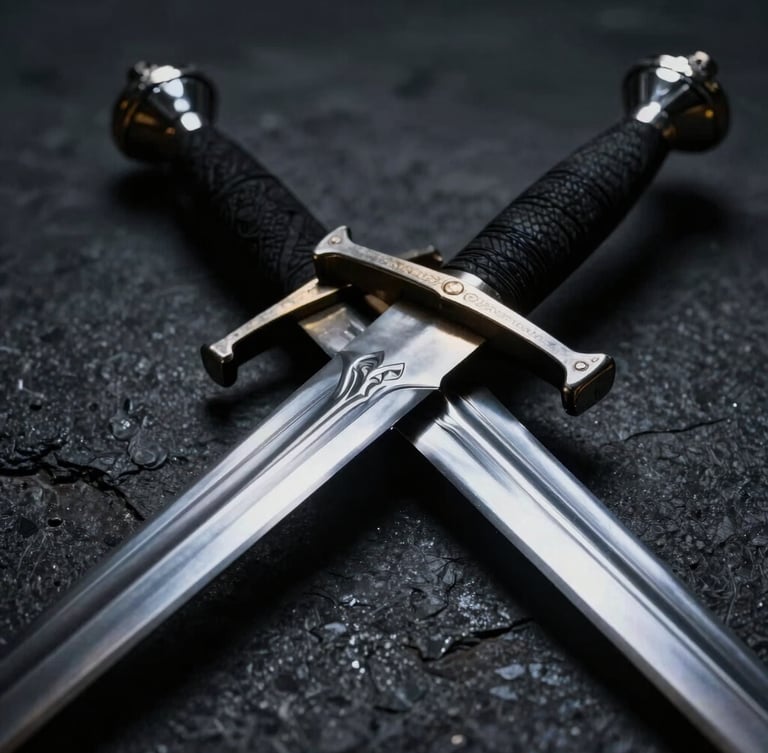 Extreme close-up of a steel sword of justice resting on dark textured stone, dramatic chiaroscuro lighting, sharp silver highlights, deep shadows