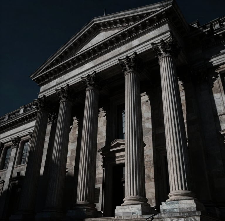 Low-angle heroic shot of classical legal architecture in deep shadow, sharp silver highlights, dramatic chiaroscuro lighting, obsidian tones, 35mm lens.