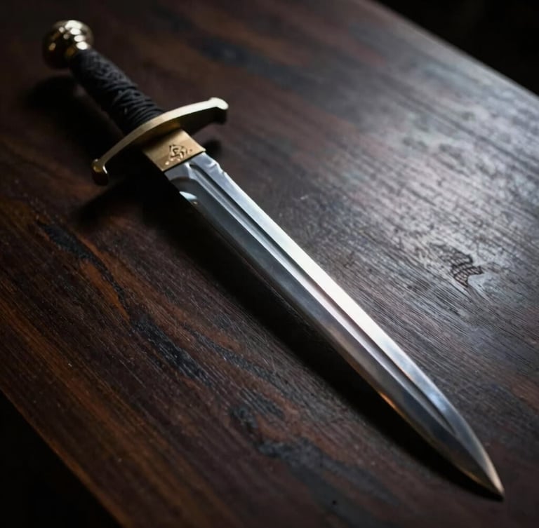 Dramatic close-up of a steel sword of justice resting on dark polished wood, sharp silver highlights, deep shadows, low-key professional photography