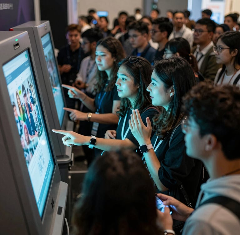 Dynamic event crowd interacting with a glowing digital photo kiosk, electric cyan lighting reflecting on faces, high contrast, wide environmental frame.